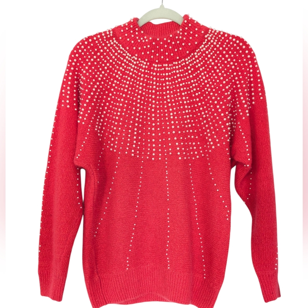 Vintage Red Pearl Embellished Silk Angora Sweater Women's Preppy Classic Holiday